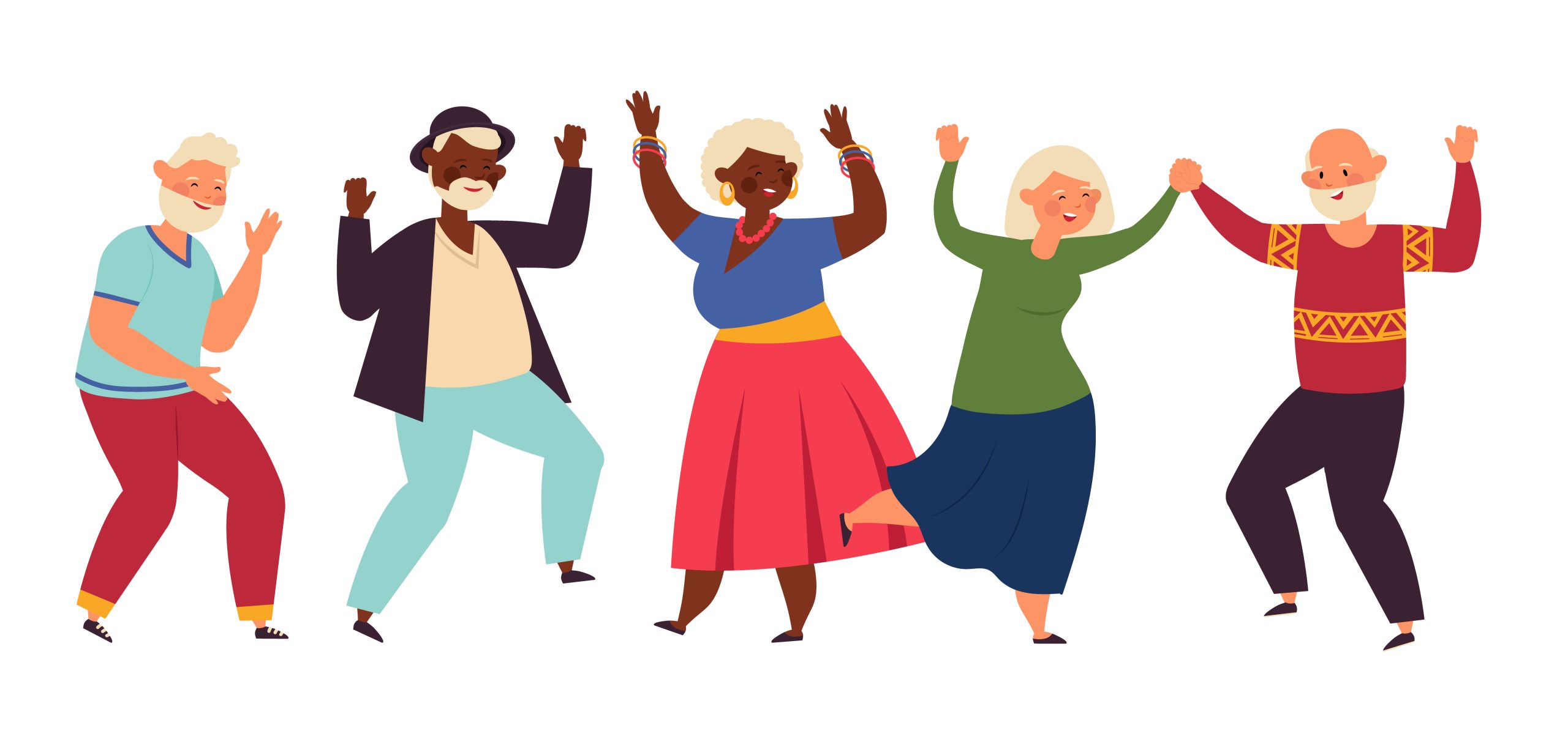 Dancing seniors. Elderly party, senior people dance fun. Old friends, isolated happy active grandparents, diverse dancers decent vector set